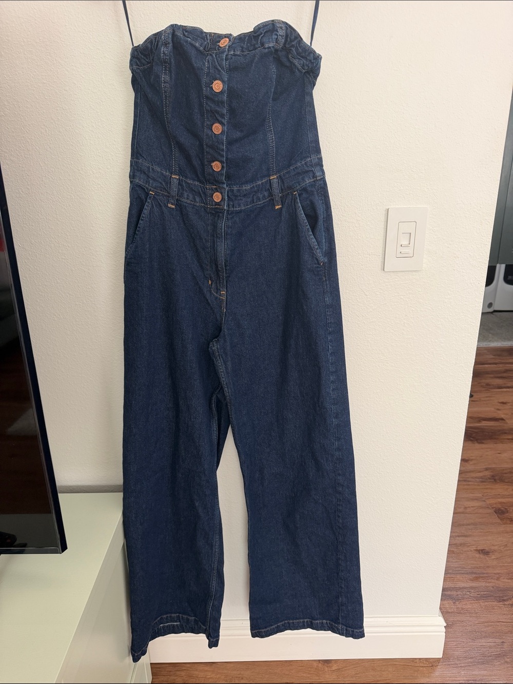 GAP Dark Blue Strapless Denim Button-Front Jumpsuit - Picture 11 of 11